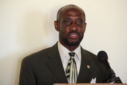 Deputy Prime Minister and Federal Minister for Social Security Hon. Sam Condor delivering remarks moments before he handed over medical equipment from the St. Christopher and Nevis Social Security Board to the Alexandra Hospital in Nevis